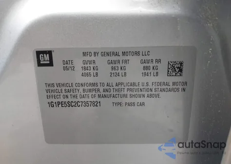 2012 Chevrolet Cruze from USA, damaged, VIN FG1PVC587C735782